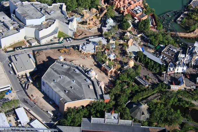 Construction walls and stripped columns at Lost Continent at Universal Islands of Adventure as the land is dismantled.