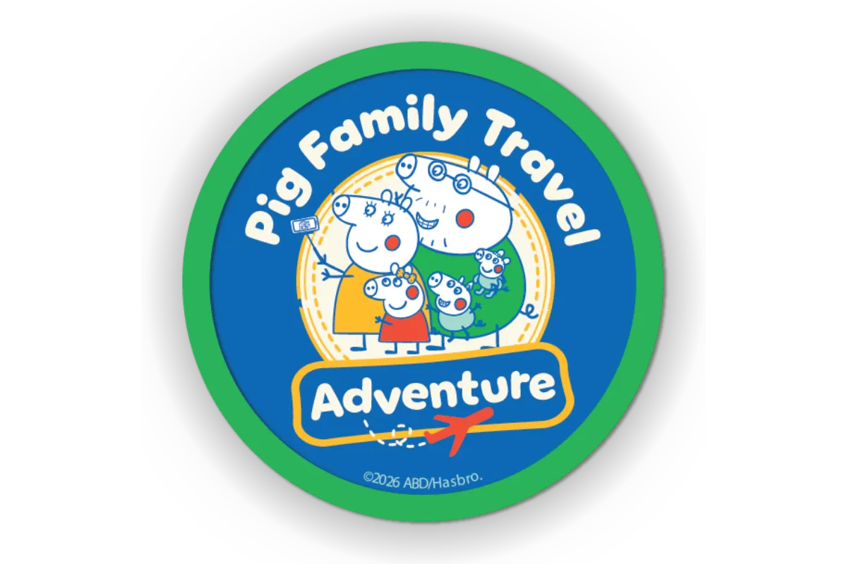 The Pop Badge collectible at Peppa Pig Theme Park Florida's Pig Family Travel Adventure event, redeemable at Mr. Fox's Shop.