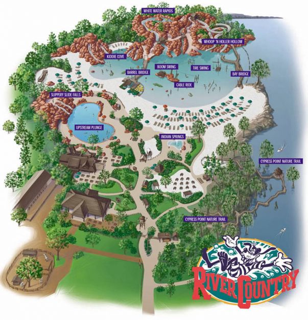A hand-drawn map of Disney's River Country showing the layout of Bay Cove, Upstream Plunge, and the surrounding attractions