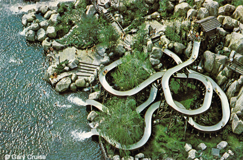 A vintage Disney postcard shows guests swimming and rope-swinging at River Country circa the late 1970s