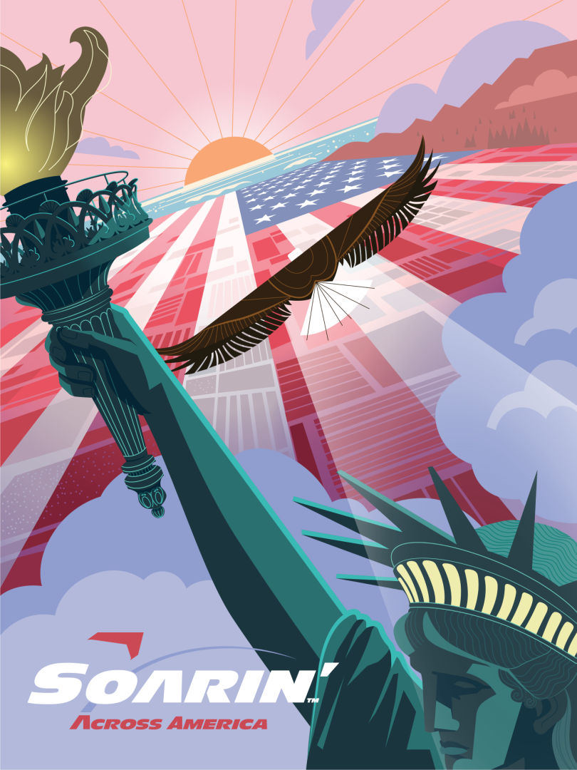 Soarin' Across America attraction poster celebrating the United States 250th anniversary, opening May 26, 2026 at EPCOT.