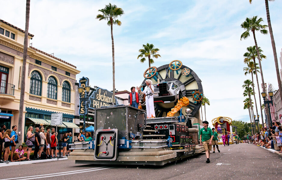 Back to the Future-themed float in the Universal Mega Movie Parade at Universal Studios Florida, returning May 23, 2026.