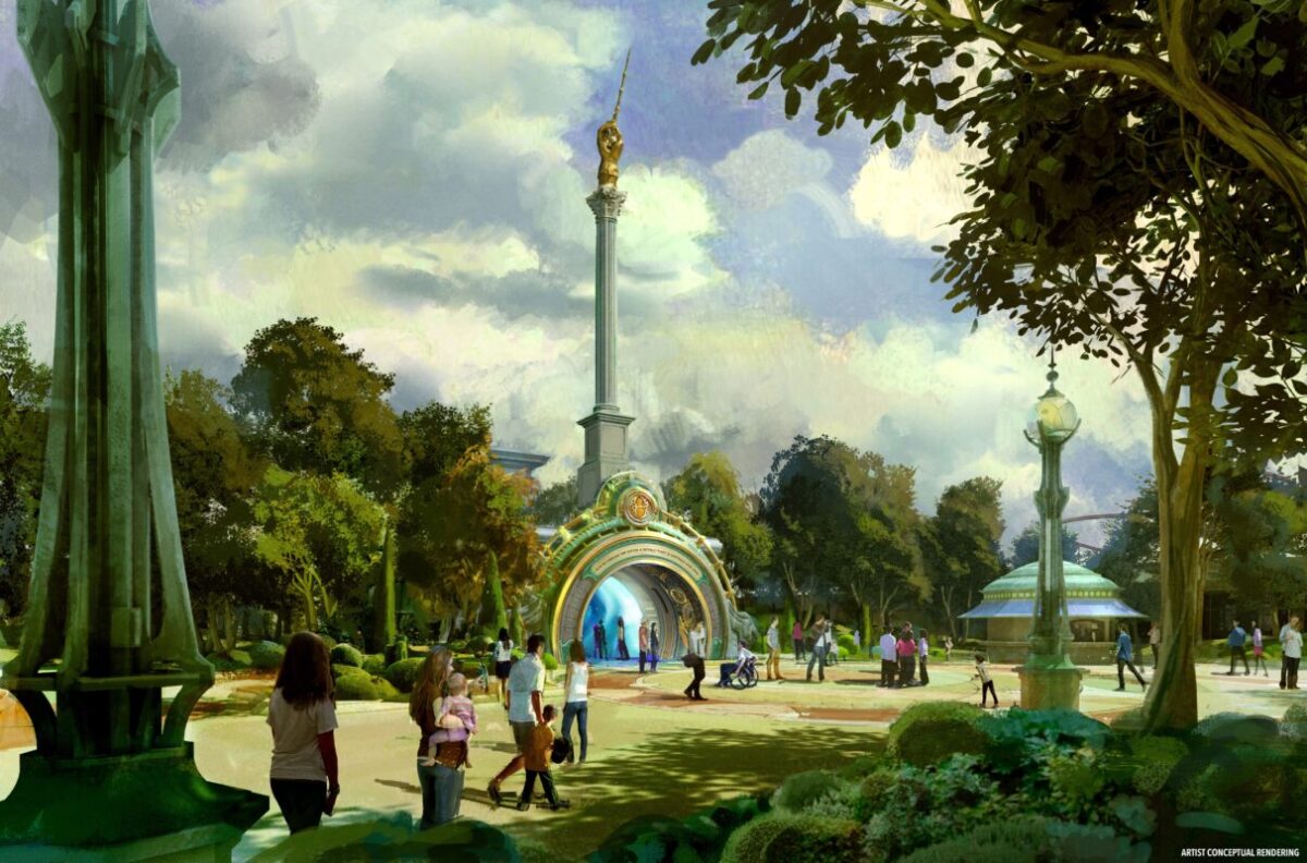 Concept art of the Ministry of Magic portal entrance at Epic Universe, shown from Celestial Park