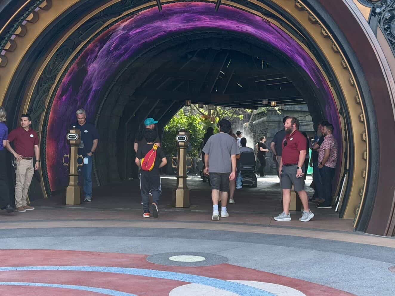 Camera-topped stanchion installed at an Epic Universe portal entrance for Photo Validation