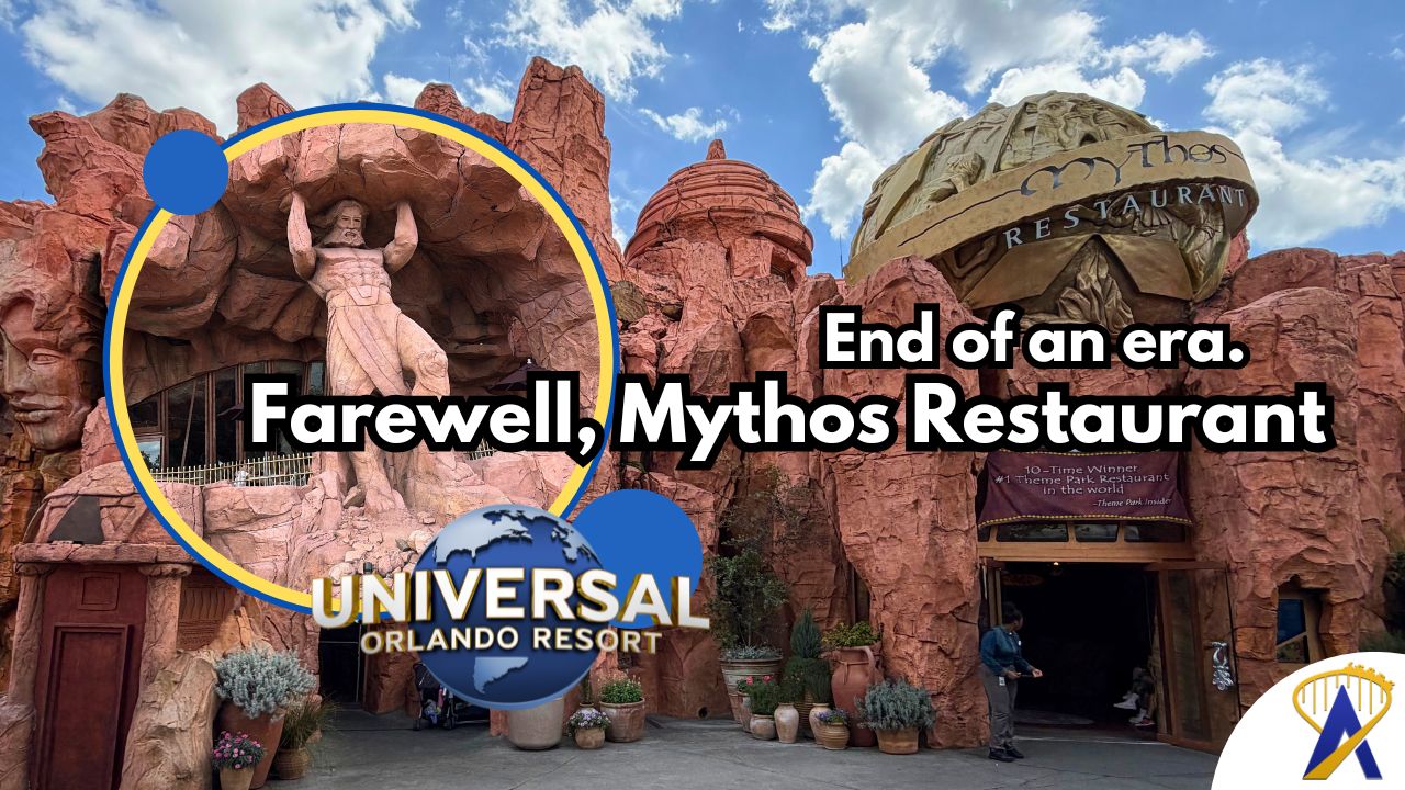 Mythos Restaurant exterior, built into a stone cavern facade overlooking the Islands of Adventure lagoon.