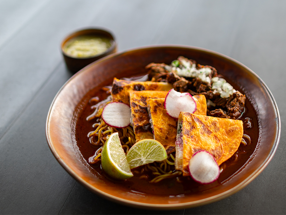Birria Ramen with a cheese quesadilla at Lombard's Seafood Grille in Universal Studios Florida