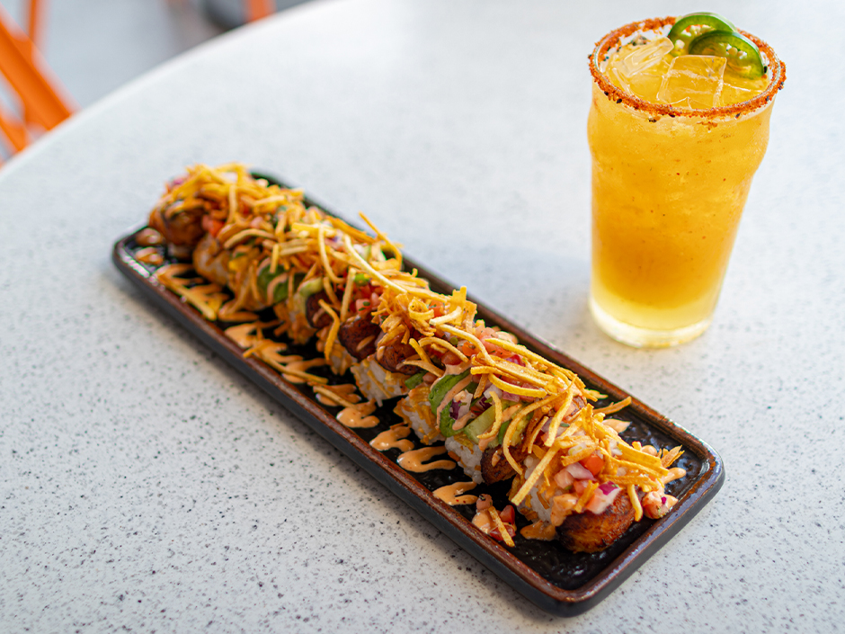 Caribbean Crunch Roll sushi with plantain topping at The Cowfish Sushi Burger Bar in Universal CityWalk