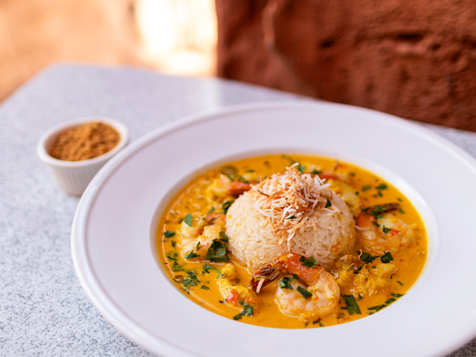 Shrimp and Grouper Moqueca with coconut rice at Mythos Restaurant in Universal Islands of Adventure