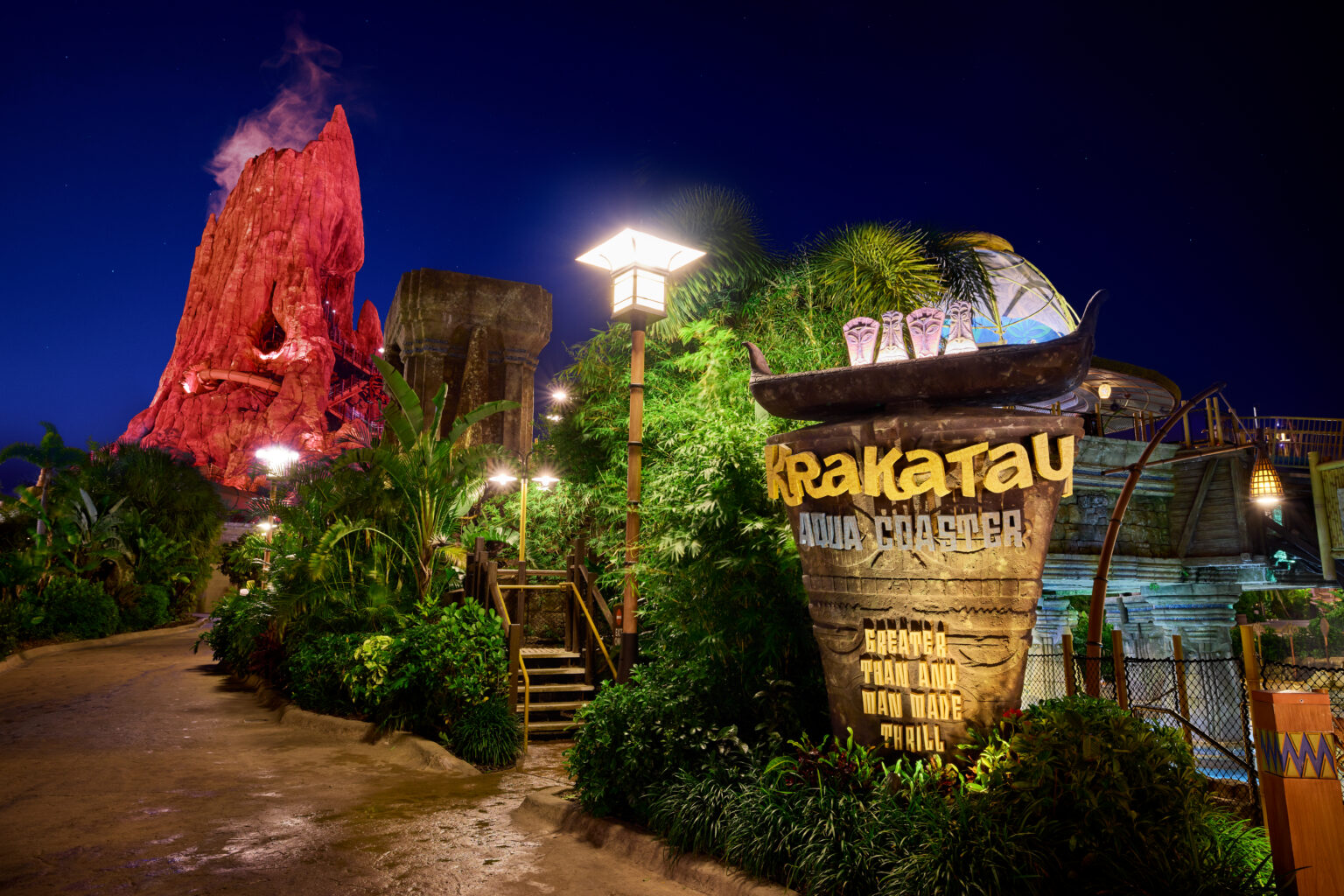 Krakatau volcano illuminated at night during Volcano Bay Nights at Universal Orlando.